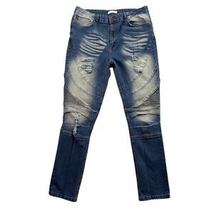 GS115 Skinny Jeans Mens Size 36 Blue Stacked Moto Distressed Whiskers Denim